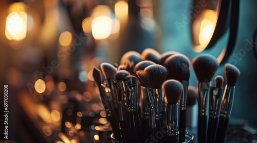 many makeup brush and cosmetics arranged in a row