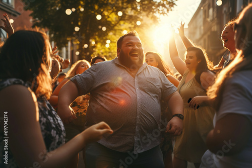 A fat overweight man dancing with other people outside on sunset. Happy plus-size dancing people.