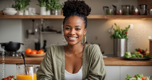 Beautiful afro american girl in the kitchen with different vegetables and fruits lifestyle