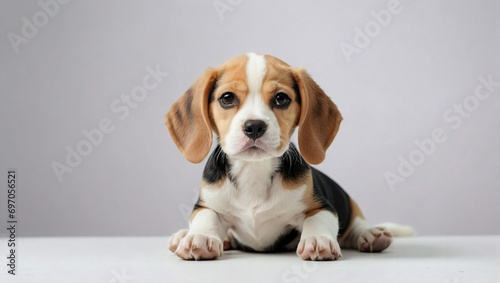 Beagle puppy with a poignant gaze, sitting on a white background, showcasing its floppy ears and tri-colored coat.