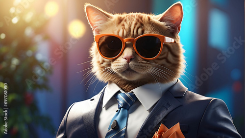 kot w garniturze i okularach przeciwsłonecznych
