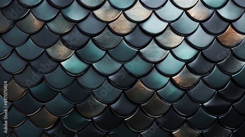 Fish Skin pattern, 3D Mosaic Tiles arranged in the shape of a wall. metallic glossy, Black, Blocks stacked to create a Futuristic block background