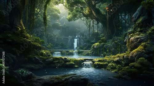 scene set in a fantasy world, hidden realm nestled within ancient forests, where mystical beings dwell, protected by powerful enchantments, and where time seems to stand still