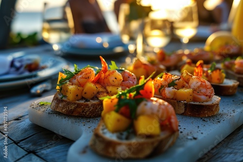 Sunny Delights: At a Beachside Gathering, Friends Enjoy a Culinary Feast of Mango and Shrimp, Creating a Tropical Delight with Ocean Waves, Laughter, and the Pleasure of Coastal Togetherness.