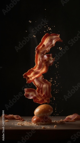 Food photography of air fried bacon on a black background