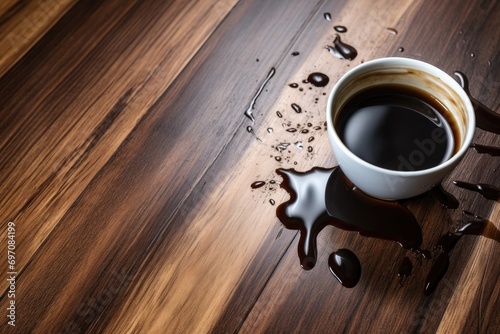 Spilled coffee in black cup on wooden floor, closeup.