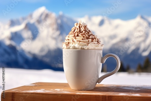 Hot cocoa in a snowy ski resort, with whipped cream in a white mug and a snowy mountain backdrop — perfect refreshment for a ski vacation.