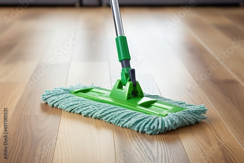 Using a green mop to clean the living room floor.