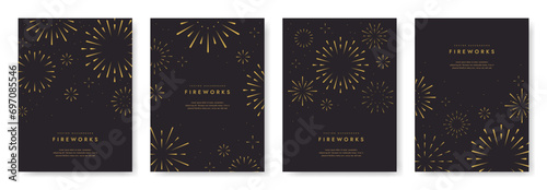 Firework background in night. Happy new year poster set. Congratulation banner, Festival symbol. Holiday celebration design. Modern element template. Minimal simple style. Flat vector illustration.