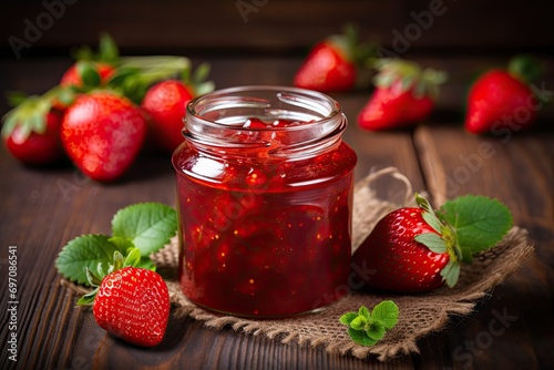 Fresh strawberries in a rustic style homemade strawberry jam jar on a wooden background