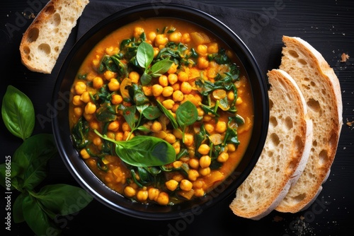 Vegetarian concept: Stewed chickpeas with spinach and bread. Top view.