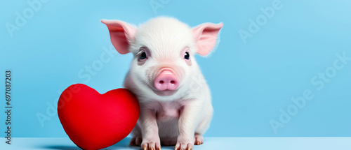 Cute little piglet with pink heart on blue background. Funny animal Valentines Day, love, wedding celebration concept greeting card