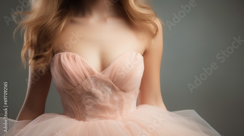 Closeup of a highwaisted Peach Fuzz with a sweetheart neckline and a flattering flared silhouette, reminiscent of 1950s style.