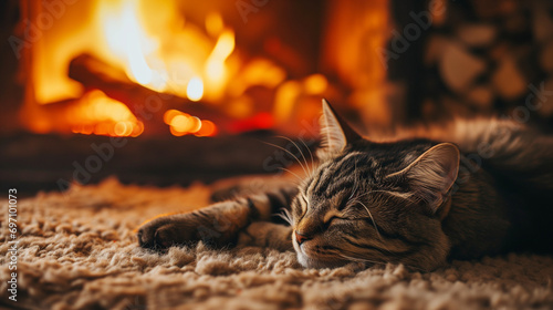 暖かい暖炉の前のカーペットの上で気持ちよさそうにねている茶色の縞柄のねこ