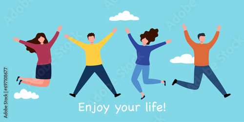 Young people jumping on blue sky background. Happy male and female teenagers celebrate their success. Enjoy your life.