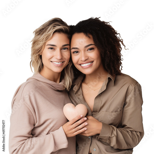 lesbian couple holding a heart, smiling looking to camera, png transparent or isolated on a white background, female gay lovers on valentines day