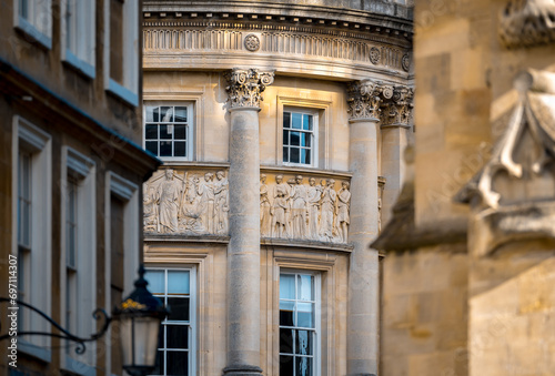 Close up detail view of historic building in Euro