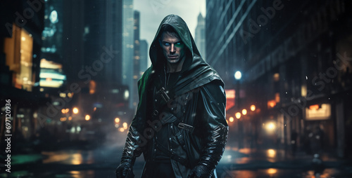 a futuristic version of Robin Hood in a cyberpunk city