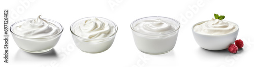 Collection of bowl of fresh greek yogurt or sour cream on isolate transparency background, PNG
