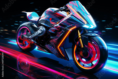 Cruise into the future with this captivating image of a fantasy motorbike adorned with neon lights, speeding along a highway against a dark backdrop. Generative AI.