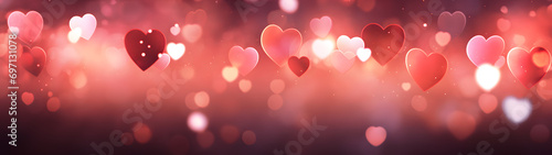 A colorful celebration of love as hearts in the air dance in the warm lighting of amber and magenta, leaving a mesmerizing blur of flares and lights