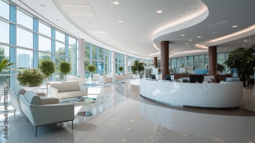 Modern corporate office reception lobby without people bright environment. Generative AI.