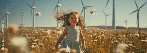 Adorable little kid running with pinwheels in front of windmills. Fun educational graphics about wind energy that show the production of clean electricity in a calm sky.