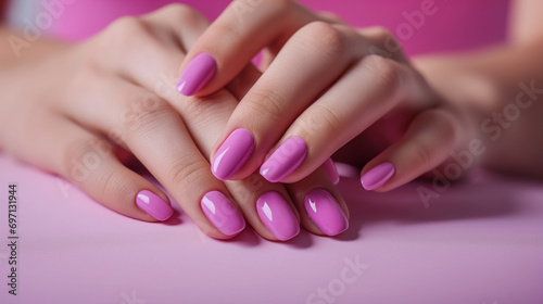 Manicured nails with pink polish.