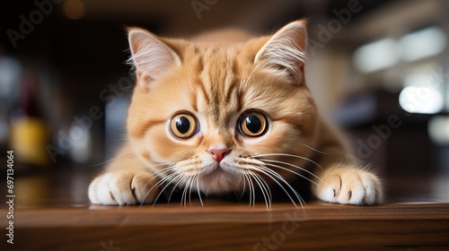 Cute surprised peach-colored cat with big eyes