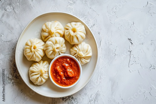 Veg steam momo. Nepalese Traditional dish Momo stuffed with vegetables and the cooked and served with sauce over a rustic wooden background, selective focus, Image for the restaurant menuа