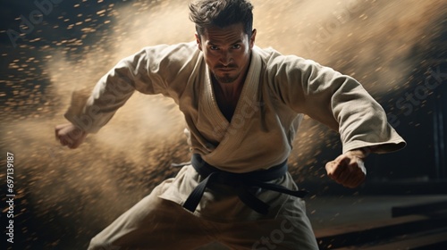 A judo practitioner executing a precise throw, capturing the intensity of the martial art