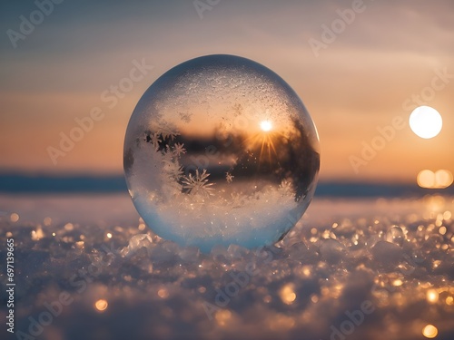 Macro photograph of frozen soap bubbles ice crystals in sunset. Ice Crystals Form Beautiful Pattern on Bubble background