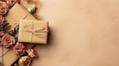 A small luxury gift box on a beige background. Monochrome. A gift for Father's Day or Valentine's Day for him. The concept of a corporate gift or birthday party.