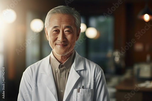 白衣を着た日本人シニア男性（背景あり・医者・医師・歯科医師・薬剤師）