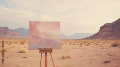 Oil painting on easel in the middle of the desert at sunset.