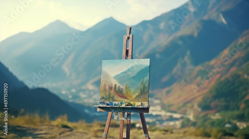 Close-up of an easel with a picture of the mountains