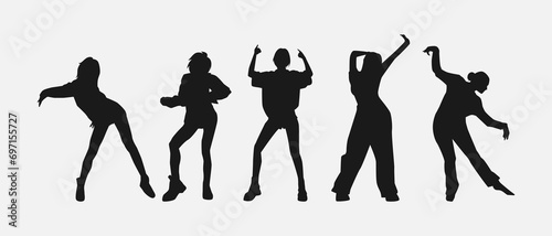 set of five female dancer silhouettes. street dancers with various different styles, poses, movements. vector illustration.