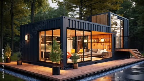 horizontal view of a tiny modern home in a shipping container AI generated