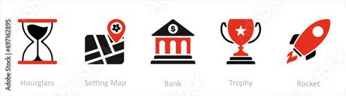 A set of 5 Mix icons as hourglass, setting map, bank
