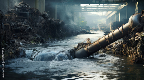 Wastewater pollution, industrial pipe, sewage, dirty water leakage into the river