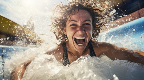 A happy woman riding on the water slide in the waterpark.