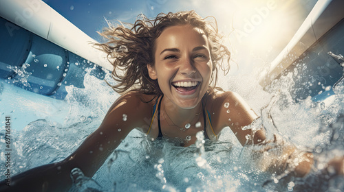 A happy woman riding on the water slide in the waterpark.