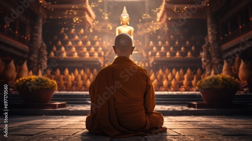 Rear view of a monk meditating in the lotus position in front of golden Buddhas