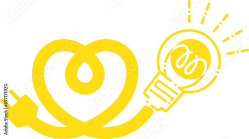 ハートの形をした黄色の電気コード、電源プラグと電球