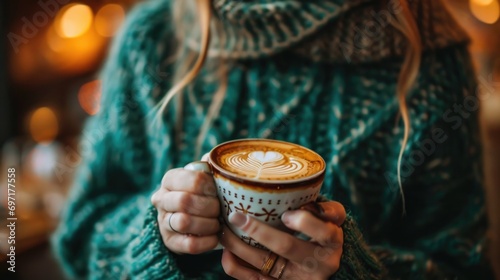 woman in green sweater holding white mug of cappuccino with heart shape latte art