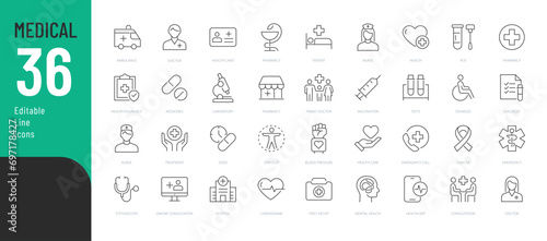  Medical Line Editable Icons set. Vector illustration in modern thin line style of general medical icons: signs and symbols of medicine and pharmacology, hospital, doctor, tests, etc. Isolated on whit