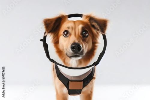 Surprised dog stand with a protective collar on a white background. ai generative