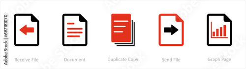A set of 5 Document icons as receive file, document, duplicate copy