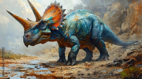 Triceratops Dinosaur in a whimsical and colorful style. In natural habitat. Jurassic Park.