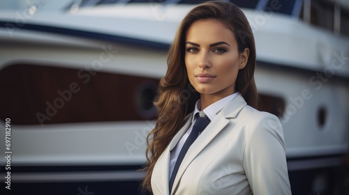 Woman captain standing in front of a luxurious yacht